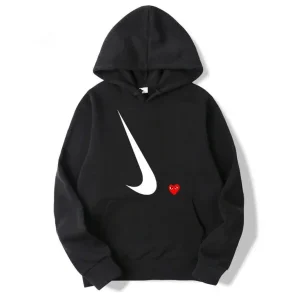 Comme Des Garcons X Nike Hoodie Black with white Nike swoosh logo and red heart play logo streetwear hoodie